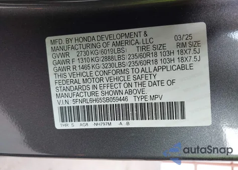 2025 Honda Odyssey Ex-L из США, поврежденный, VIN 5FNRL6H65SB059446